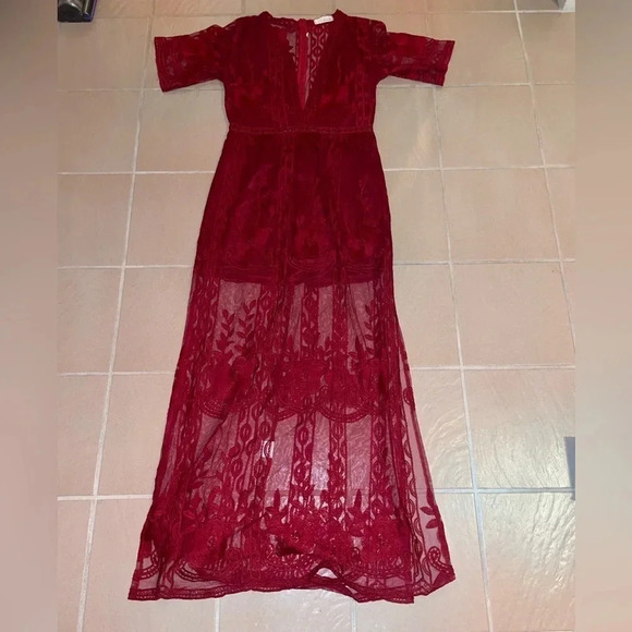 Maroon Deep V-Neck 1/2 Sleeves Sheath Lace Midi Dresses w side slits size small - Picture 7 of 16